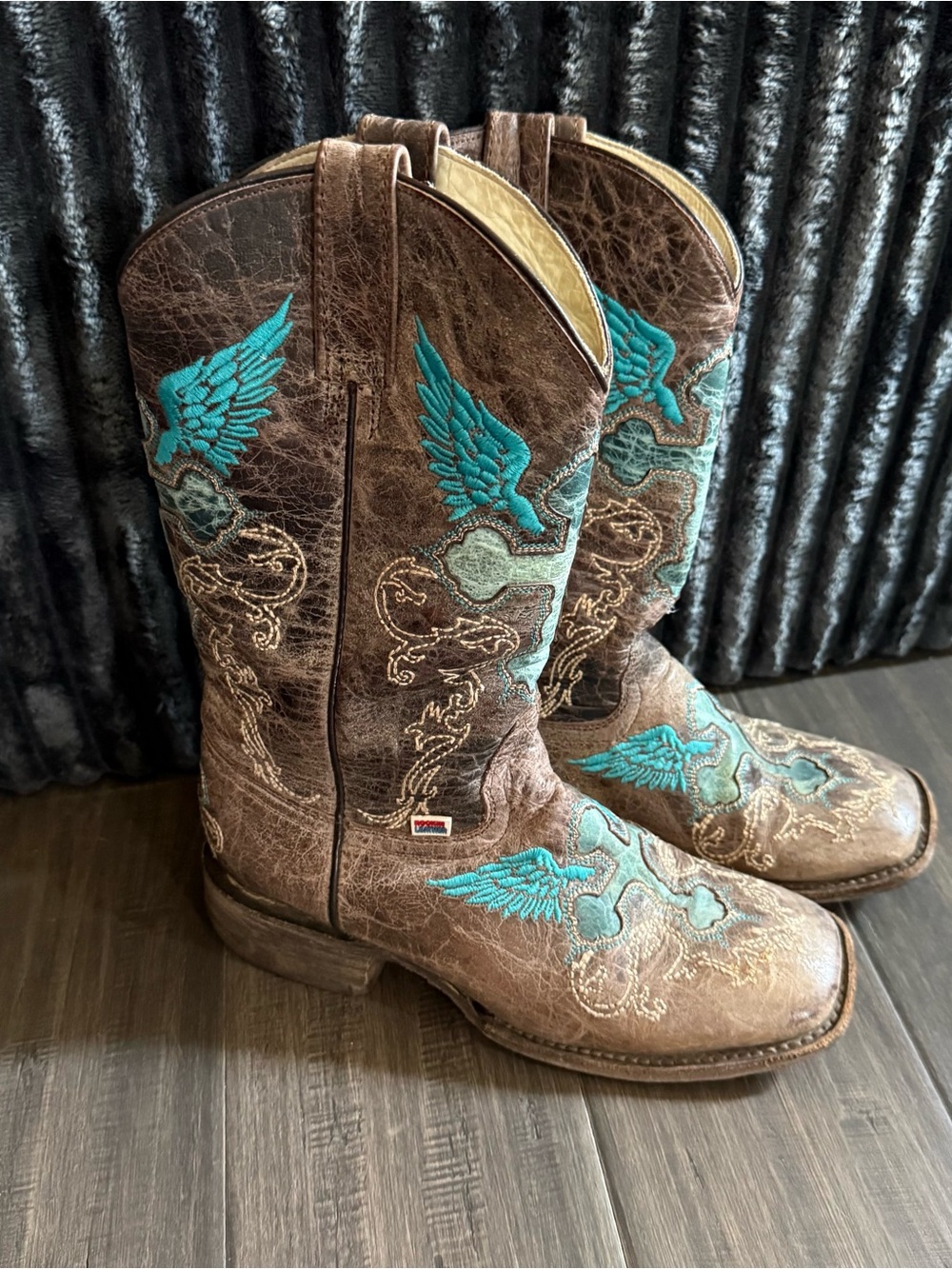 Rockin Leather Brown Crater Square Toe Western Cowgirl Boot Womens 7.5 turquoise
